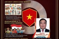 Ilustrasi perdebatan ideologi politik antara liberalisme modern, Pancasila, dan Marhaenisme dalam dinamika politik Indonesia.