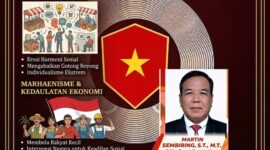 Ilustrasi perdebatan ideologi politik antara liberalisme modern, Pancasila, dan Marhaenisme dalam dinamika politik Indonesia.