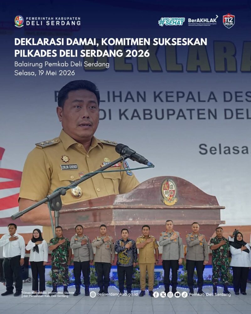 Sebanyak 212 calon kepala desa dari 76 desa di 19 kecamatan di Kabupaten Deli Serdang mendeklarasikan komitmen damai menjelang Pilkades Serentak Gelombang II Tahun 2026 di Balairung Pemkab Deli Serdang, disaksikan Forkopimda dan Pemerintah Kabupaten setempat.