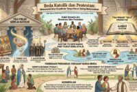 Infografis ini menjelaskan perbedaan dasar antara Gereja Katolik dan Protestan, mulai dari sumber ajaran iman, jumlah kitab dalam Alkitab, hingga pandangan terhadap Bunda Maria. Materi disusun oleh Martin Sembiring, Konselor Keluarga Keuskupan Agung Medan (KAM), untuk mendorong dialog dan kerukunan antarumat Kristen.