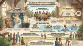 Infografis ini menjelaskan perbedaan dasar antara Gereja Katolik dan Protestan, mulai dari sumber ajaran iman, jumlah kitab dalam Alkitab, hingga pandangan terhadap Bunda Maria. Materi disusun oleh Martin Sembiring, Konselor Keluarga Keuskupan Agung Medan (KAM), untuk mendorong dialog dan kerukunan antarumat Kristen.