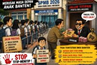 Poster ilustrasi kampanye IWOI Banten yang menolak praktik titip-menitip dan pungli dalam pelaksanaan SPMB 2026 demi mewujudkan pendidikan yang jujur, adil, dan transparan.