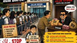 Poster ilustrasi kampanye IWOI Banten yang menolak praktik titip-menitip dan pungli dalam pelaksanaan SPMB 2026 demi mewujudkan pendidikan yang jujur, adil, dan transparan.