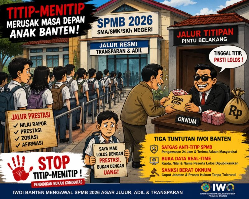 Poster ilustrasi kampanye IWOI Banten yang menolak praktik titip-menitip dan pungli dalam pelaksanaan SPMB 2026 demi mewujudkan pendidikan yang jujur, adil, dan transparan.
