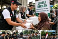 Relawan dari berbagai elemen masyarakat menyalurkan bantuan dan paket makanan kepada warga dalam aksi Jumat Berkah di berbagai daerah Indonesia, Jumat (08/05/2026).
