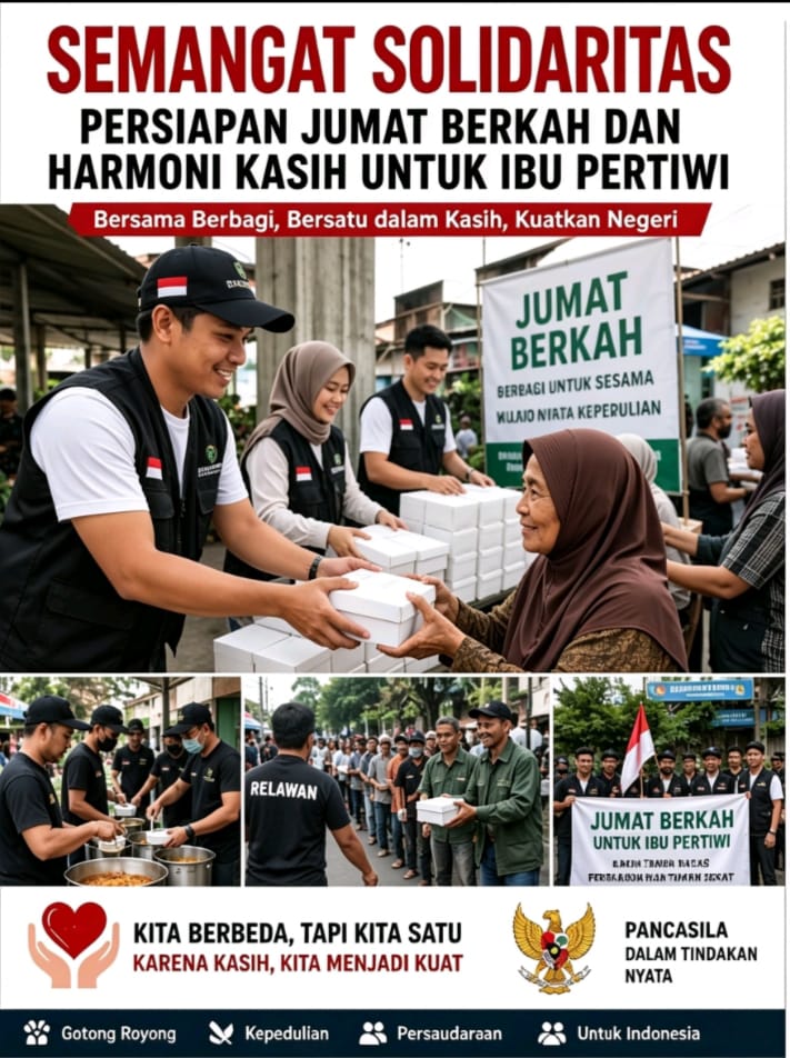 Relawan dari berbagai elemen masyarakat menyalurkan bantuan dan paket makanan kepada warga dalam aksi Jumat Berkah di berbagai daerah Indonesia, Jumat (08/05/2026).