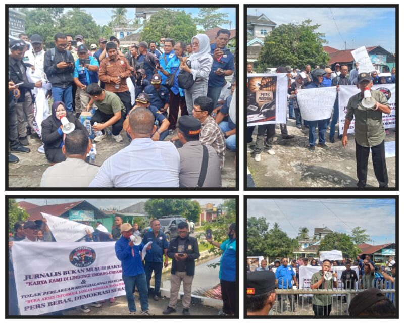 Puluhan wartawan dari berbagai media online dan cetak melakukan aksi damai di depan Lapas Kelas IIA Labuhan Ruku, Kabupaten Batu Bara, Senin (11/5/2026). Dalam aksi tersebut, para jurnalis menyampaikan tuntutan terkait dugaan intimidasi, penghalangan peliputan, serta mendesak peningkatan transparansi dan pelayanan informasi publik di lingkungan lapas.