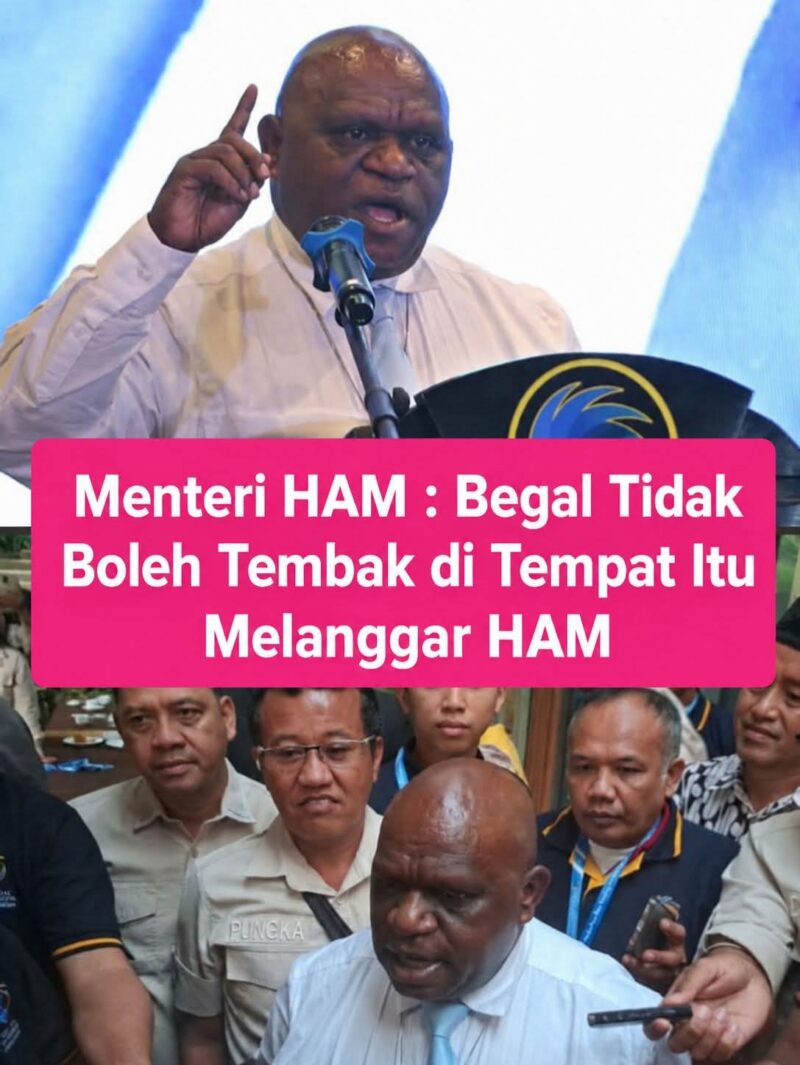 Menteri HAM Natalius Pigai menegaskan bahwa tindakan tembak langsung terhadap pelaku begal tanpa proses hukum bertentangan dengan prinsip hak asasi manusia.