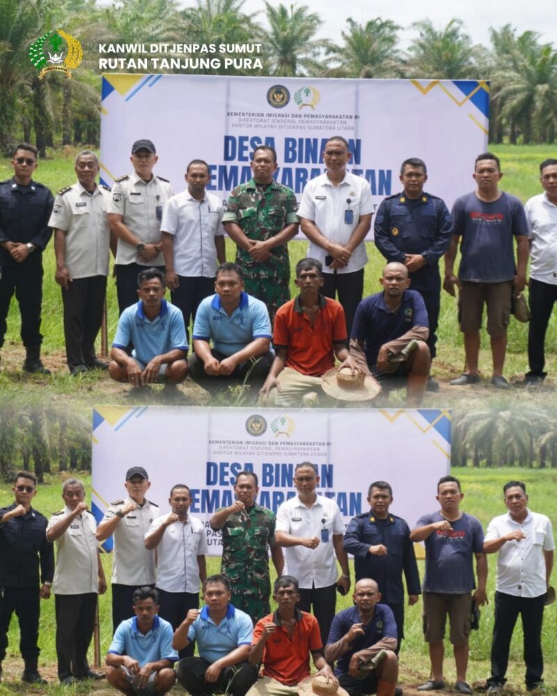 Kegiatan pembersihan lahan tidur oleh warga binaan Rutan Tanjung Pura di Desa Cempa sebagai bagian dari program ketahanan pangan nasional.