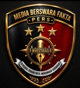 Logo Media Berswara Fakta Pers Investigasi berbentuk perisai hitam dan merah dengan aksen emas, menampilkan mikrofon, pena, tiga bintang, serta slogan “Bersuara dengan Fakta, Mengungkap Kebenaran”.